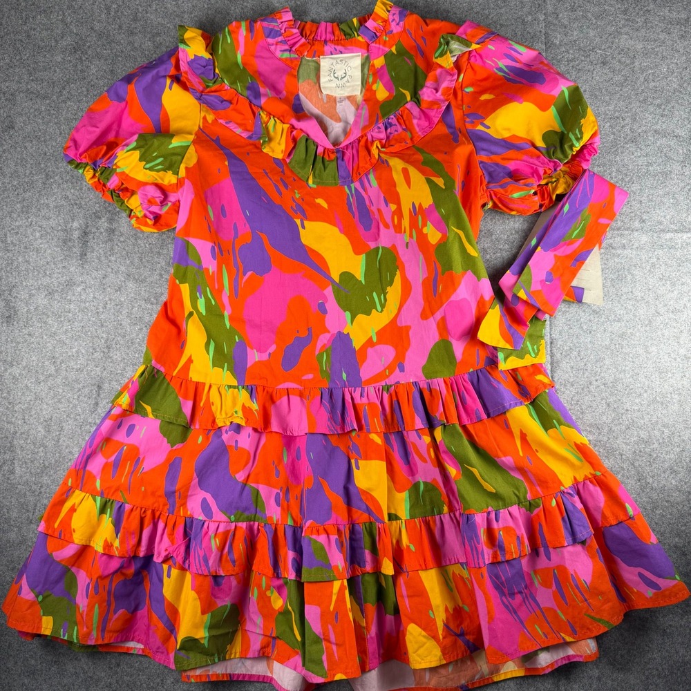 Fantastic Fawn Womens Multi Color Abstract Ruffle Babydoll Mini Dress S